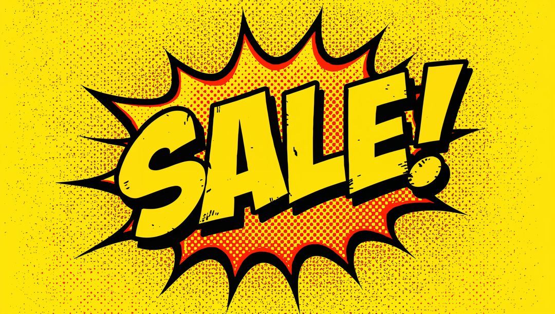 Exploding Retro Comic SALE Burst with Bold Yellow Type and Red Halftone Dots