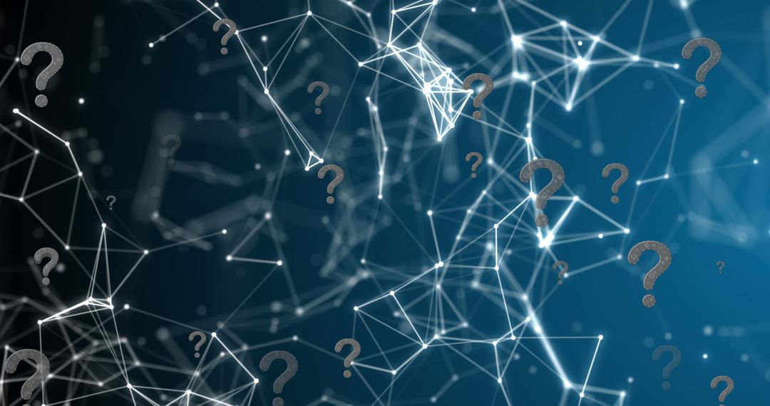 Question Marks Over Digital Connection Network on Blue Background