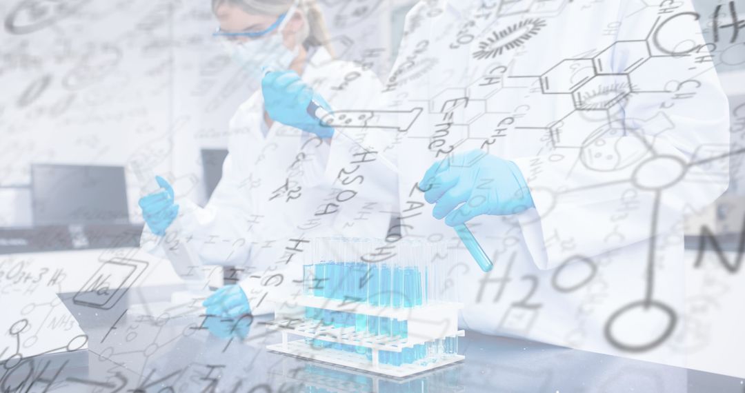 Laboratory Researchers Analyzing Samples with Chemical Formula Overlay