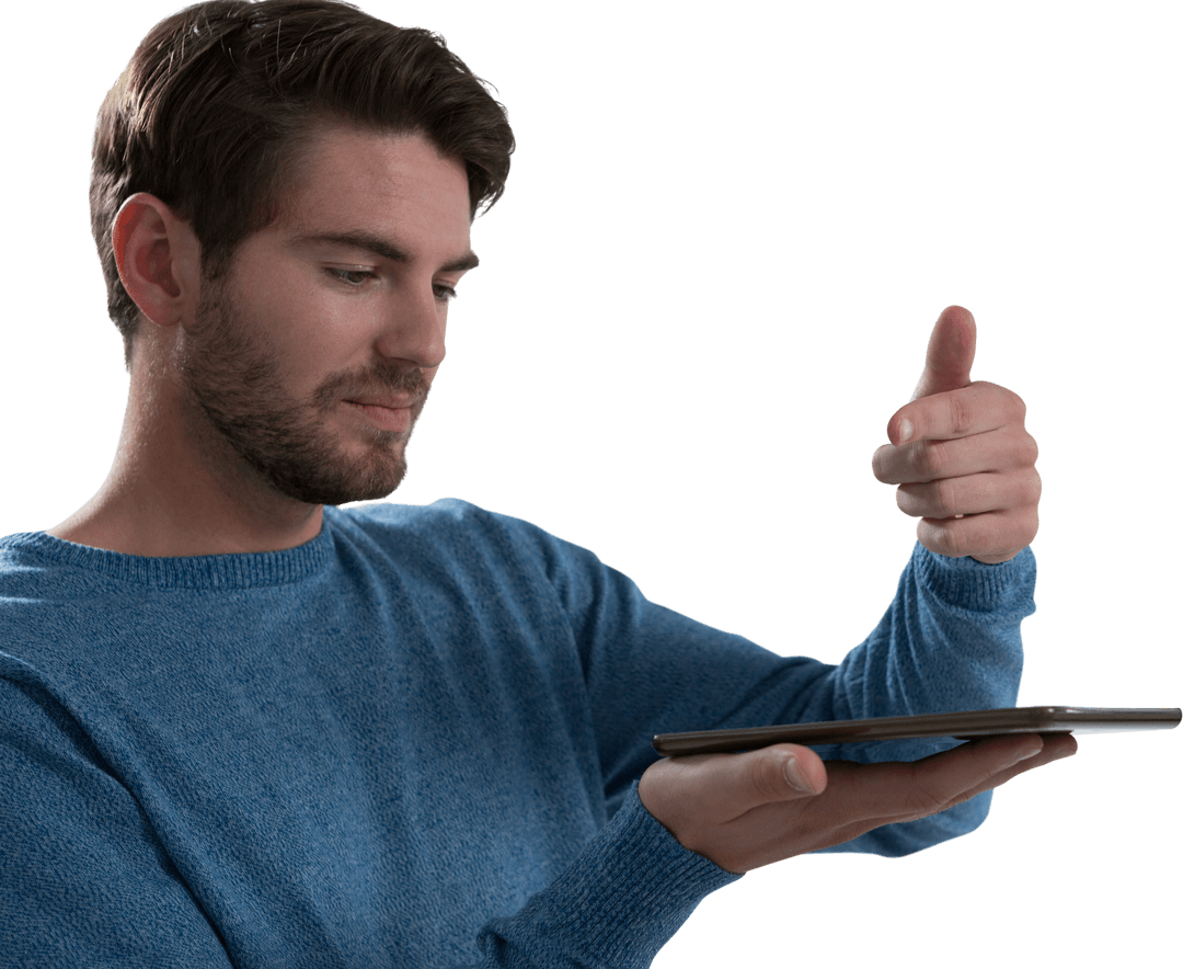 Confident Man Gesturing Thumbs Up with Tablet Transparent
