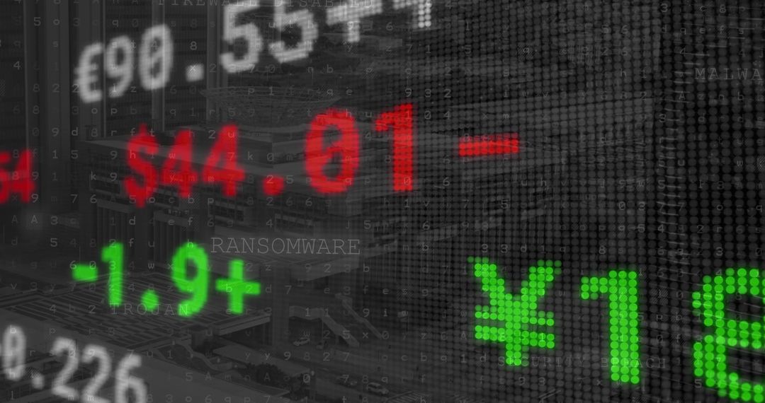 Flashing LED ticker overlaying financial skyline with currency symbols and RANSOMWARE