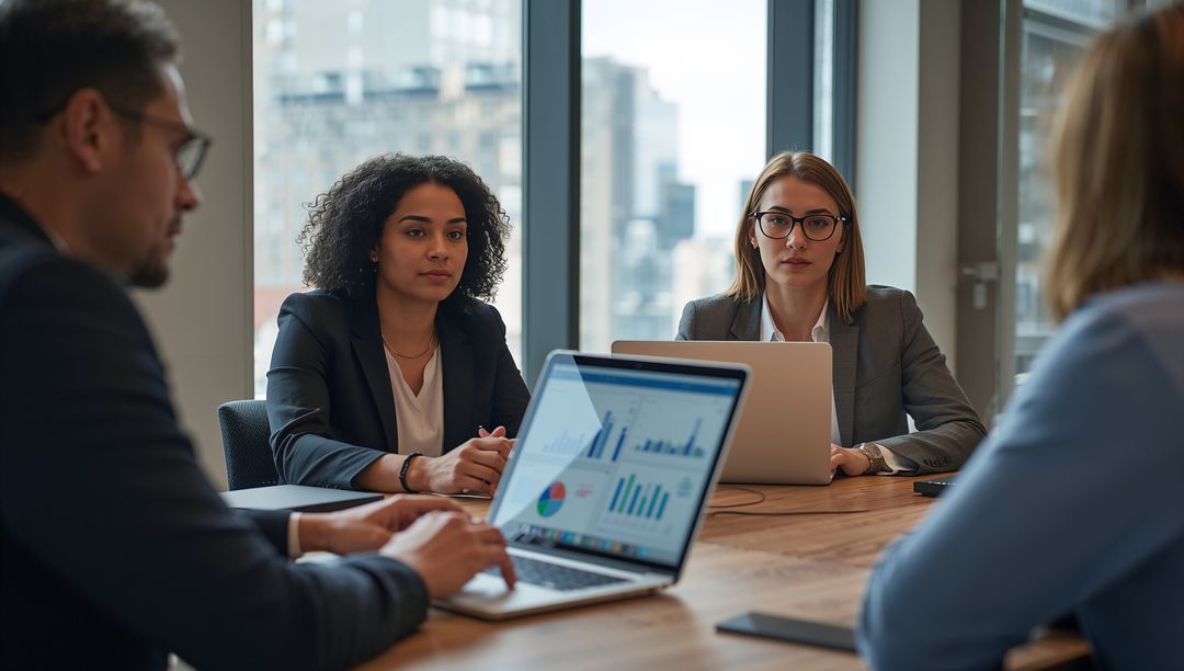 Colleagues Analyzing Data on Laptops in Modern Conference Room