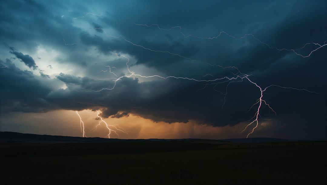 Dark Thunderstorm with Lightning Over Grassland at Dusk