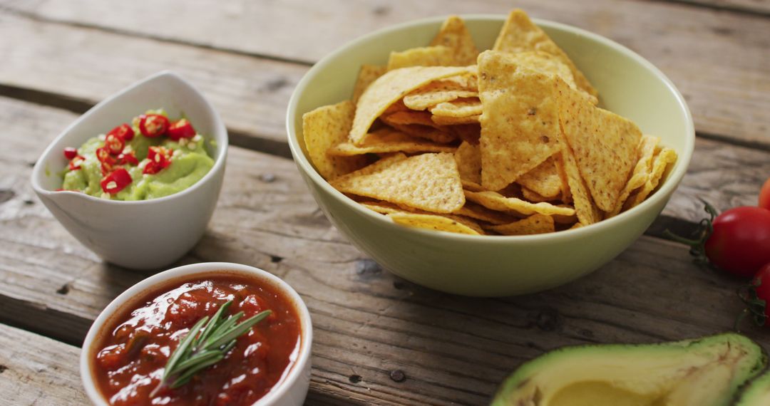 Tortilla Chips with Fresh Guacamole and Salsa on Wooden Table - Free Images, Stock Photos and Pictures on Pikwizard.com