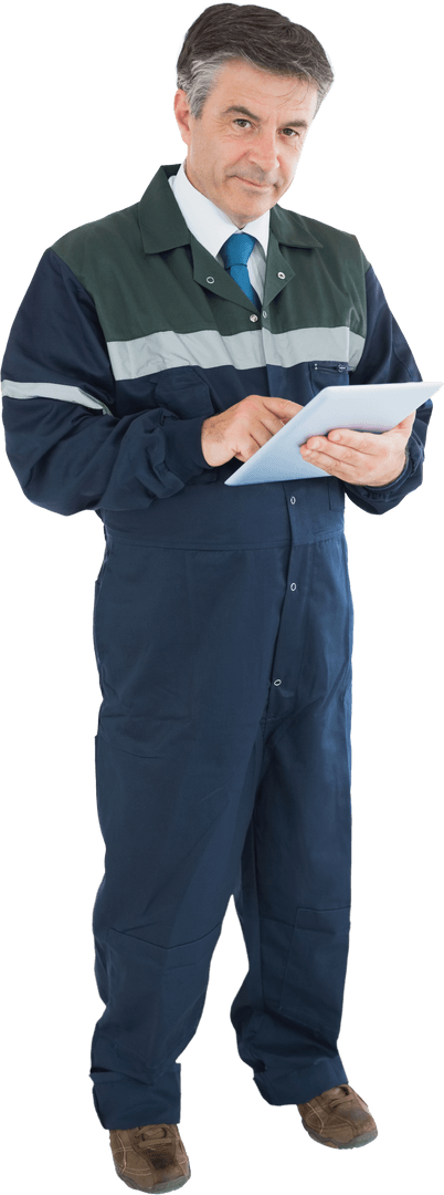 Transparent Repairman in Uniform Holding Tablet for Inspection Tasks
