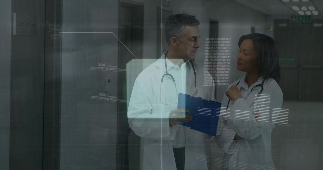 Doctors Collaborating with Digital Healthcare Interface in Hospital Corridor