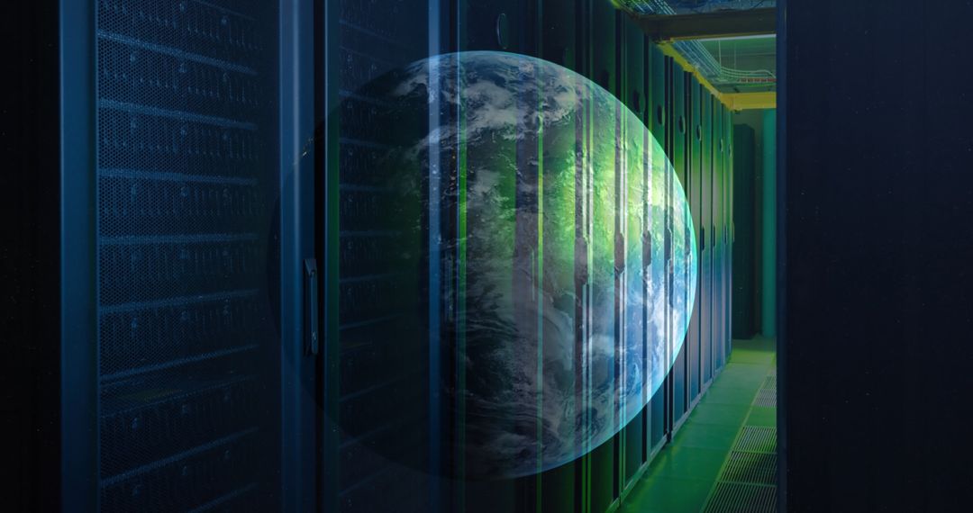 Globe Overlays Server Room Illustrating Global Data Connectivity