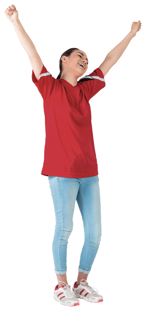Transparent Woman In Red Cheering Enthusiastically