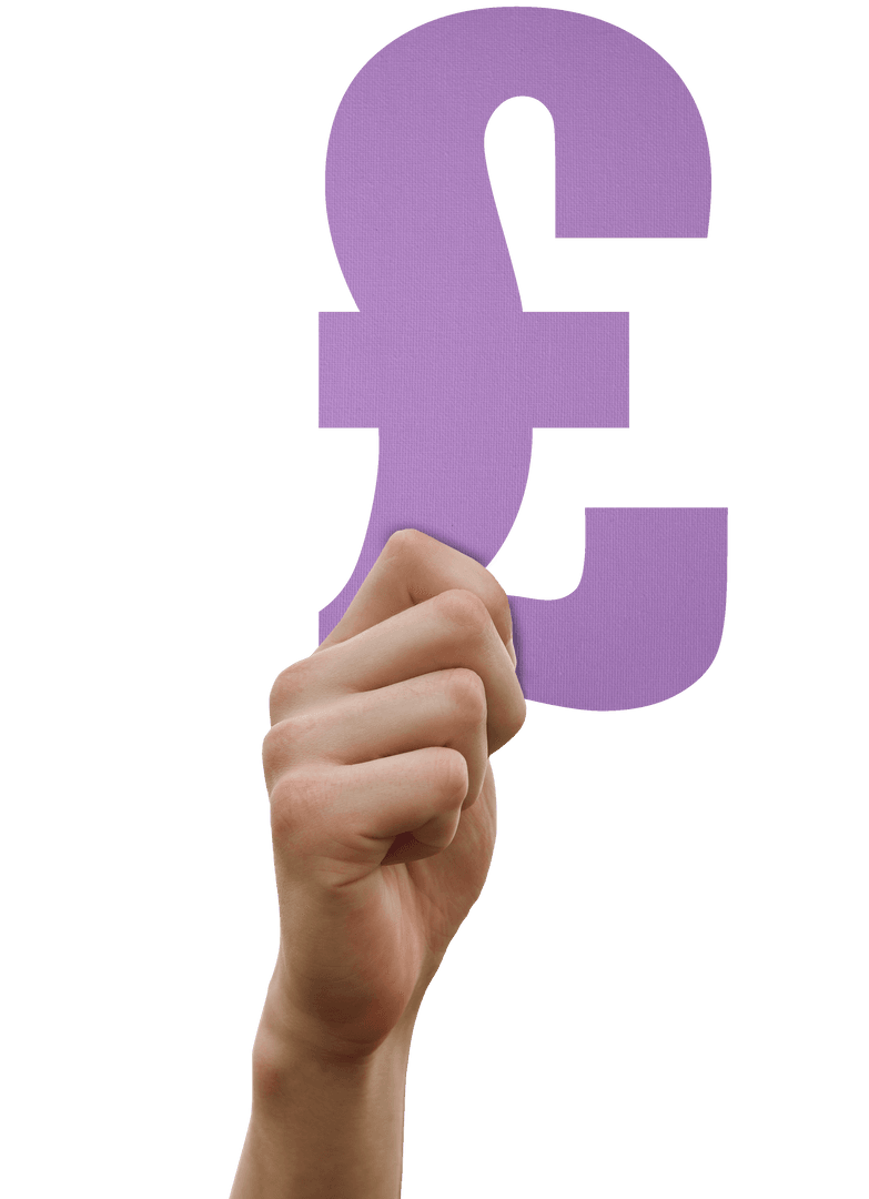 Hand Holding Purple Pound Sterling Sign on Transparent Background