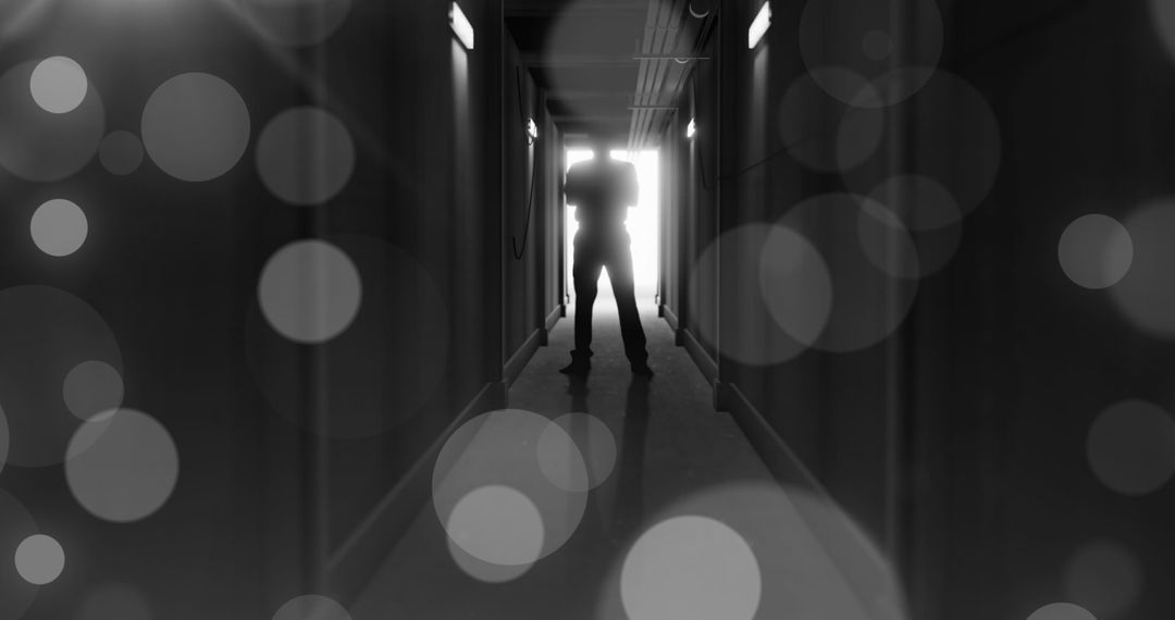 Mysterious Figure in Dimly Lit Corridor with Bokeh Effect