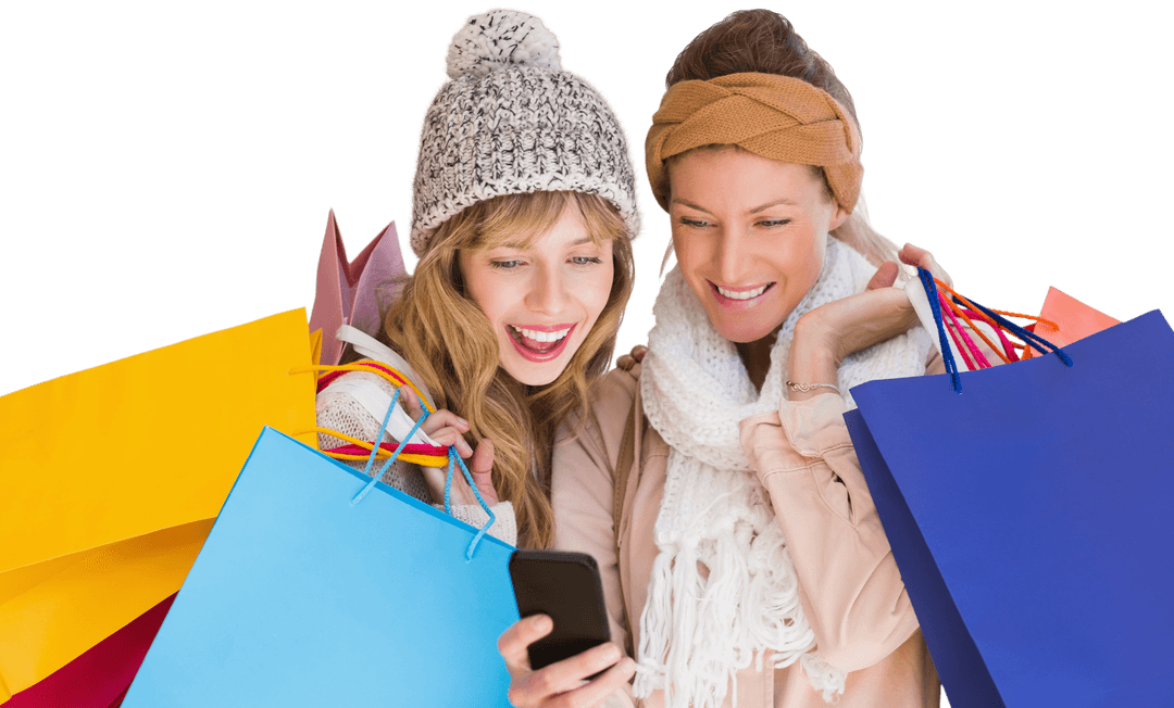 Transparent Shoppers Viewing Mobile in Winter Attire with Colorful Bags