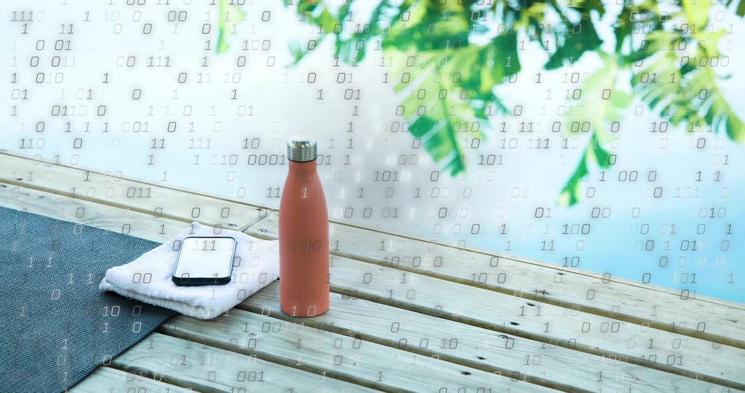 Peach Insulated Bottle Standing on Dock Next to Towel and Smartphone with Binary Overlay