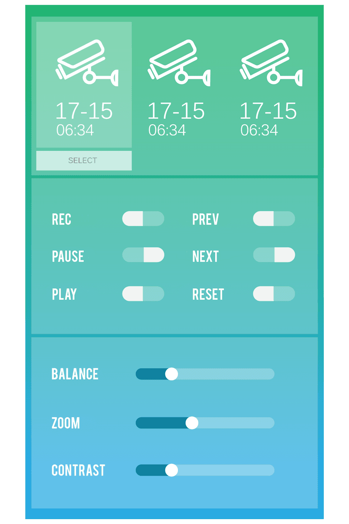 Transparent Security Screen Interface with Camera Icons and Controls