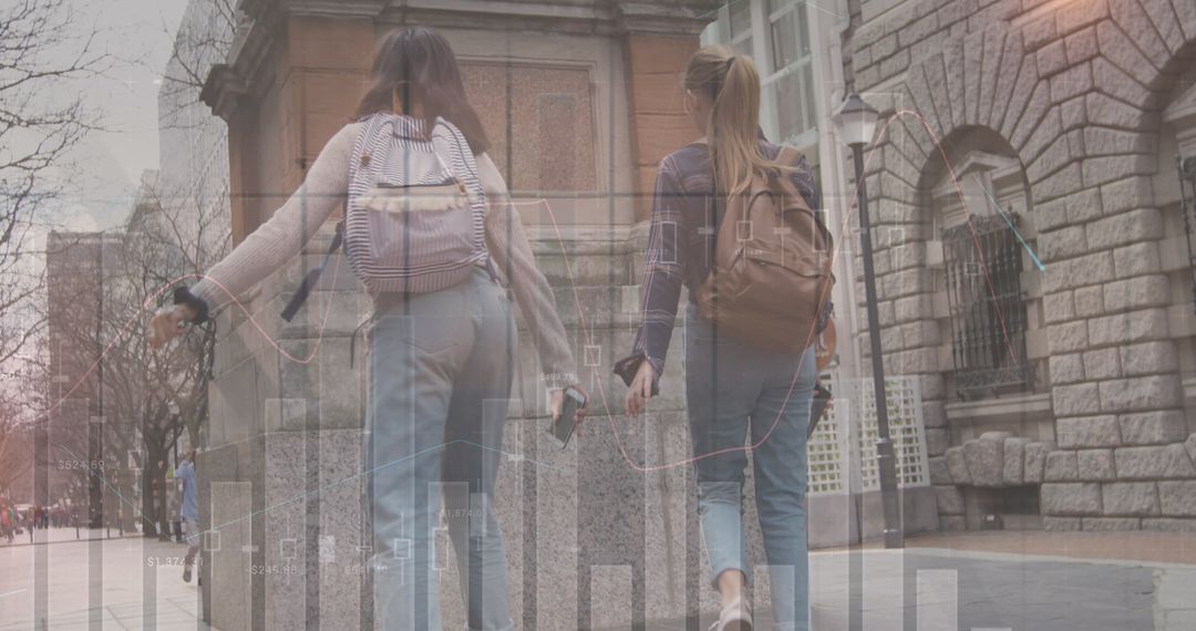 Caucasian Friends Walking with Financial Graphics Overlay
