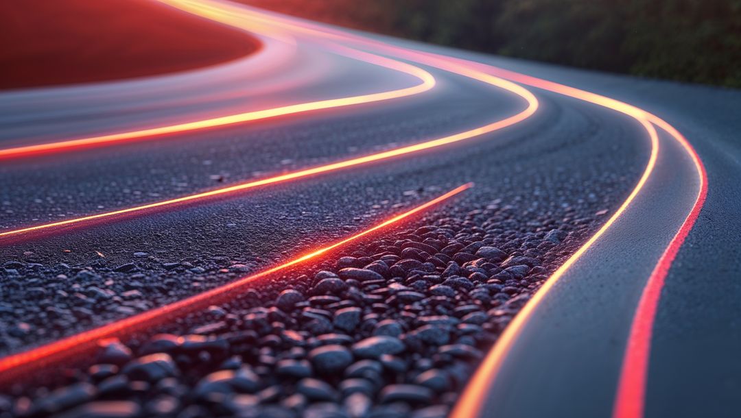 Winding Asphalt Road at Twilight with Vivid Red-Orange Light Trails