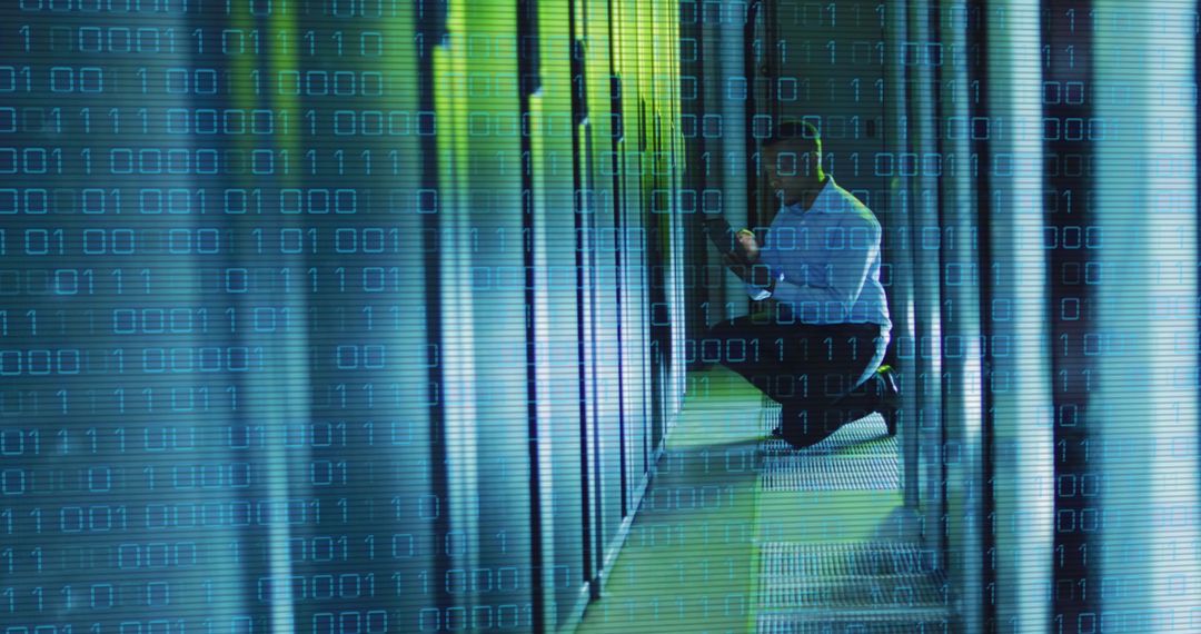 Software Engineer Analyzing Server Cabinet in High-Tech Data Center