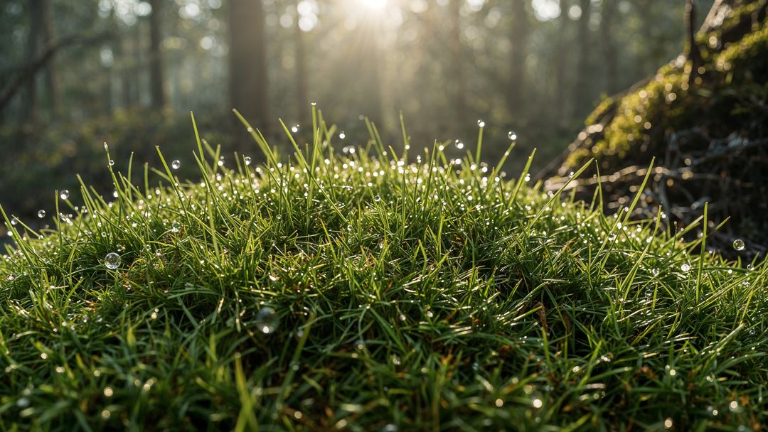 Dew-Kissed Grass Growing on Mossy Forest Floor in Sunlight