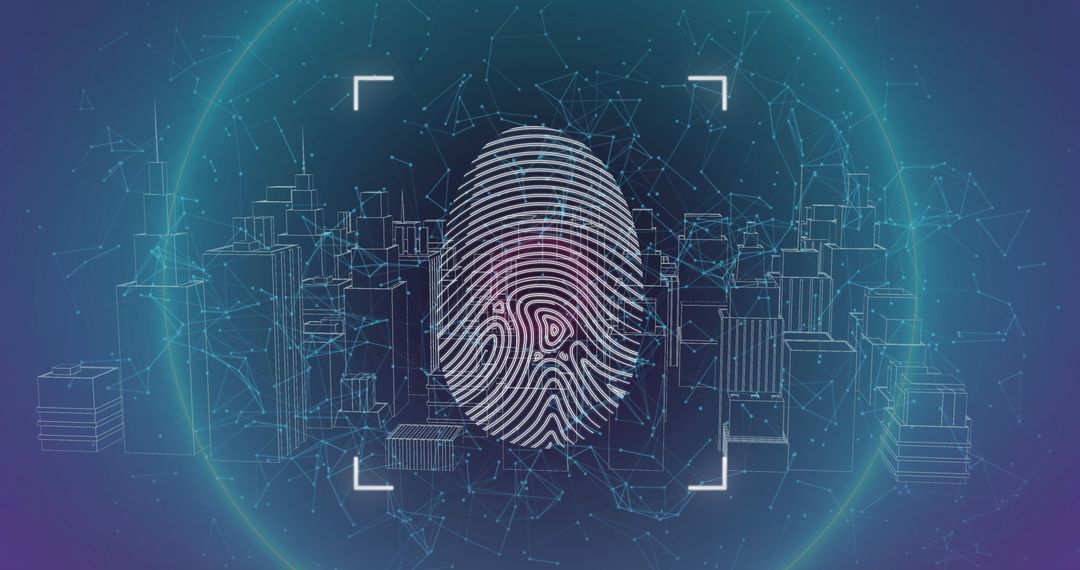 Futuristic Cityscape with Digital Fingerprint and Data Networks