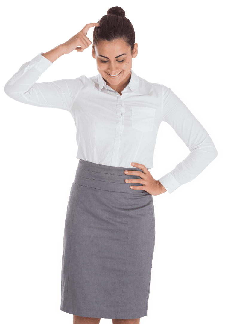 Transparent Background of Smiling Businesswoman with Hand on Head