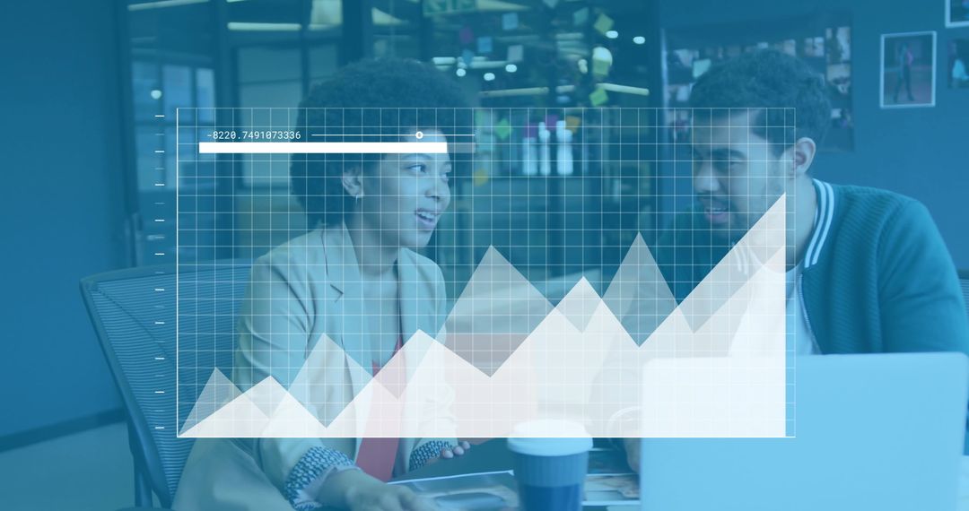 Overlay of Financial Data Over Diverse Employees Analyzing in Office