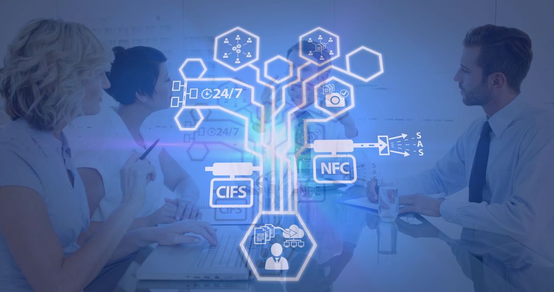 Diverse Business Meeting with Digital Interface Overlay