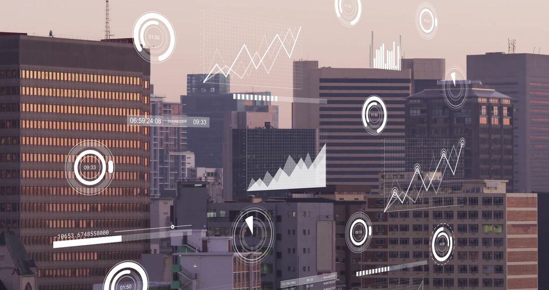 Futuristic Cityscape with HUD Data Visualization Overlays