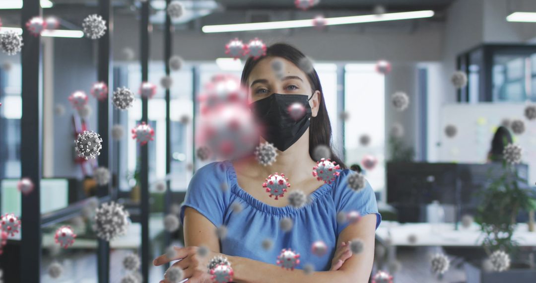 Woman Wearing Mask with Floating Virus Cells in Office Environment