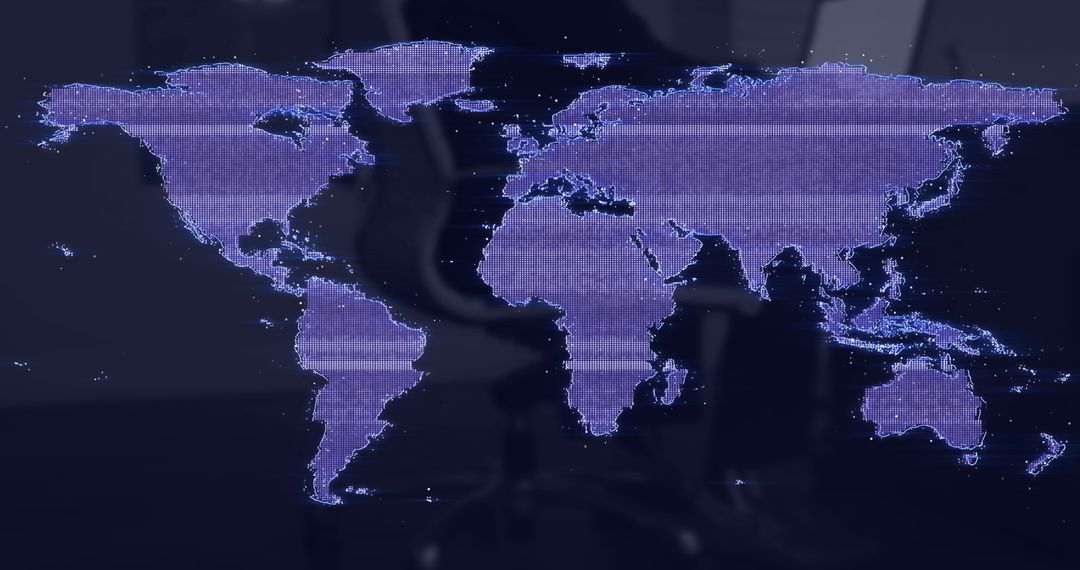 Glitch World Map in Futuristic Office Setting
