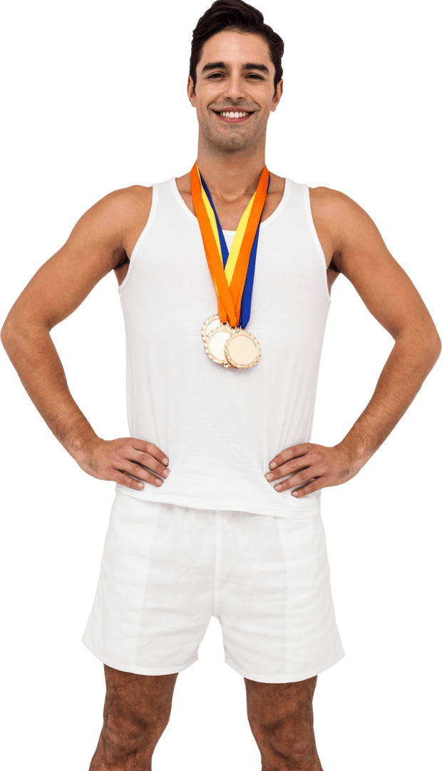 Confident Athlete Displaying Gold Medals Transparent Background