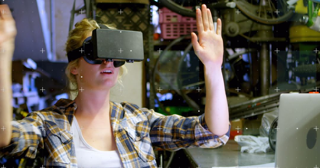 Woman Using VR Headset with Interactive Interface Elements
