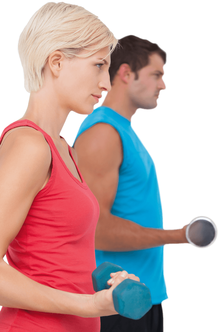 Transparent Fit Couple Exercising with Dumbbells