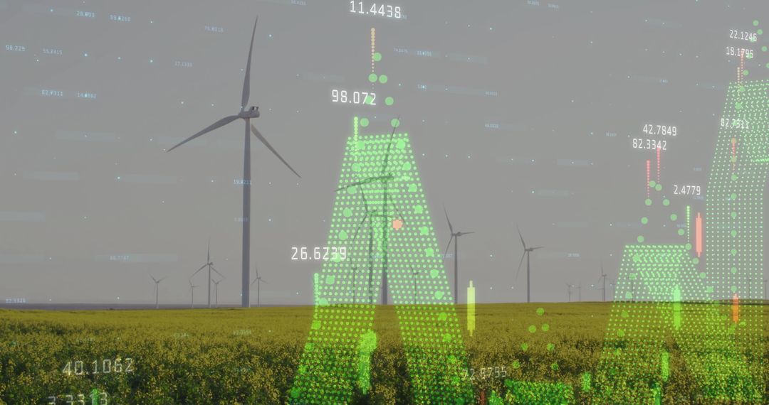 Wind Farm with Digital Data Overlay in Agricultural Field