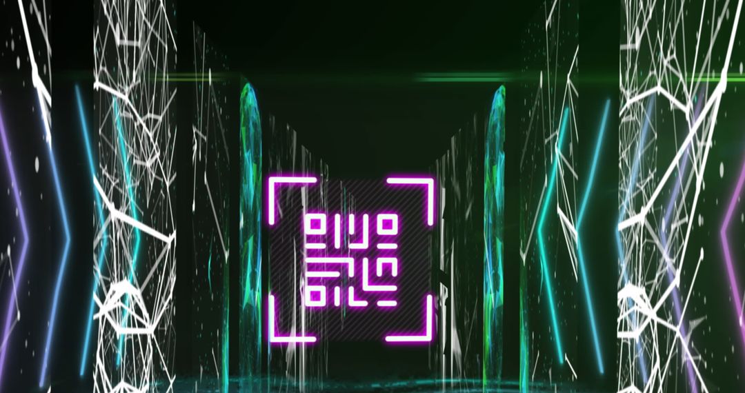Neon Digital Corridor with Holographic QR Code Centerpiece