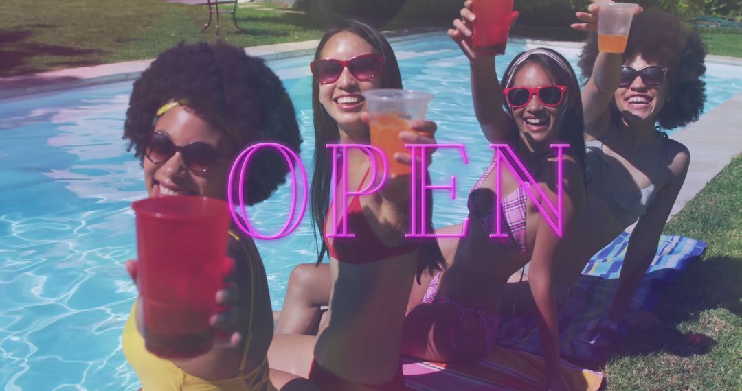 Women Enjoying Poolside Leisure in Colorful Summer Bikinis