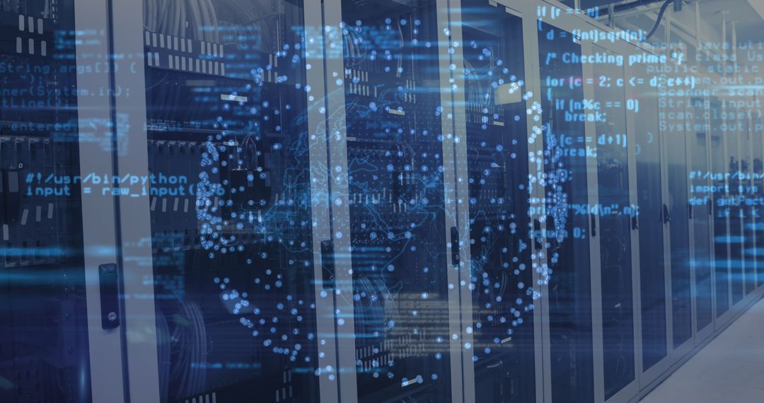 Digital Globe Overlay and Data Code in Server Room Concept