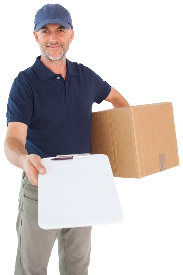 Transparent Delivery Man Holding Box and Clipboard Smiling - Download Free Stock Images Pikwizard.com