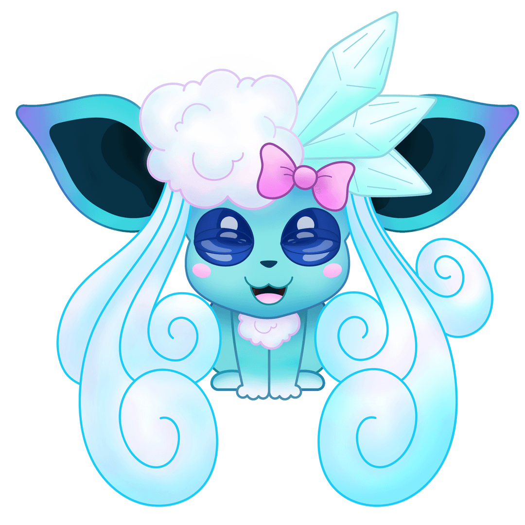 Whimsical Icy Creature with Aqua Fur and Pink Bow on Transparent Background