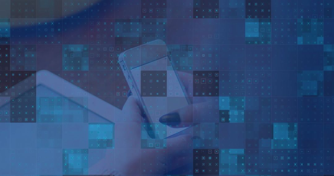 Hands Using Smartphone and Digital Data Interface Overlay