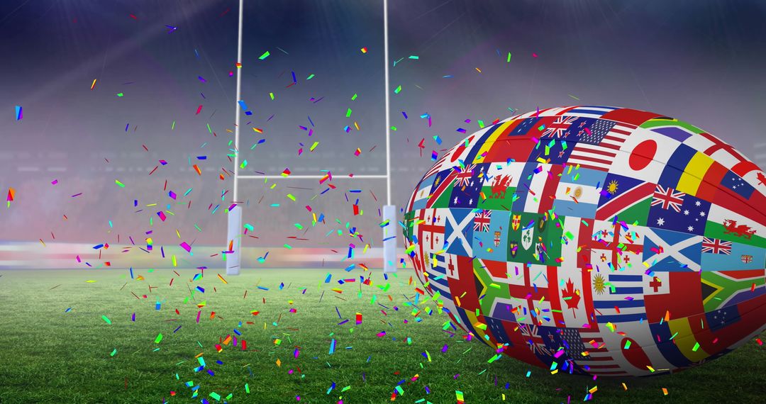 Rugby Ball with National Flags in Stadium