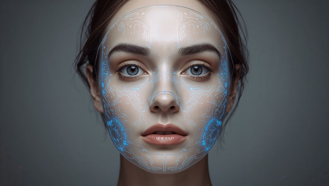 Young woman displaying blue biometric facial circuit overlay, AI identity security concept