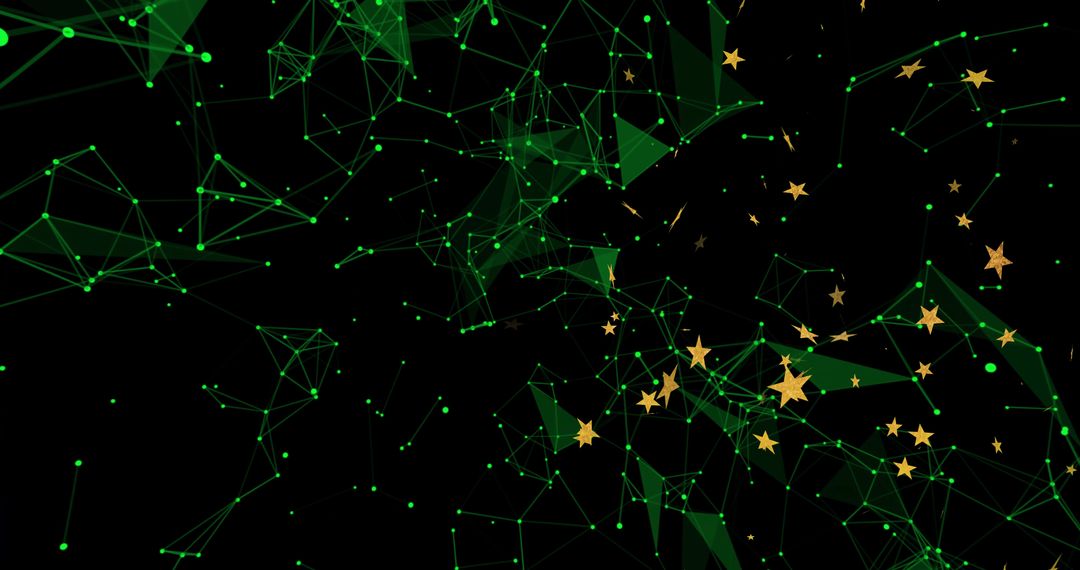 Glowing Emerald Network Forming Triangular Mesh with Floating Golden Stars in Dark Void