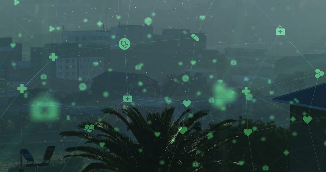 Digital Network Overlay on Cityscape Illustrating Connectivity and Technology