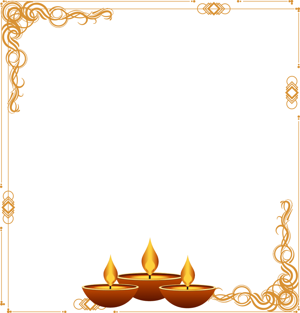 Elegant Diwali Celebrative Diyas with Ornate Golden Frame on Transparent Background