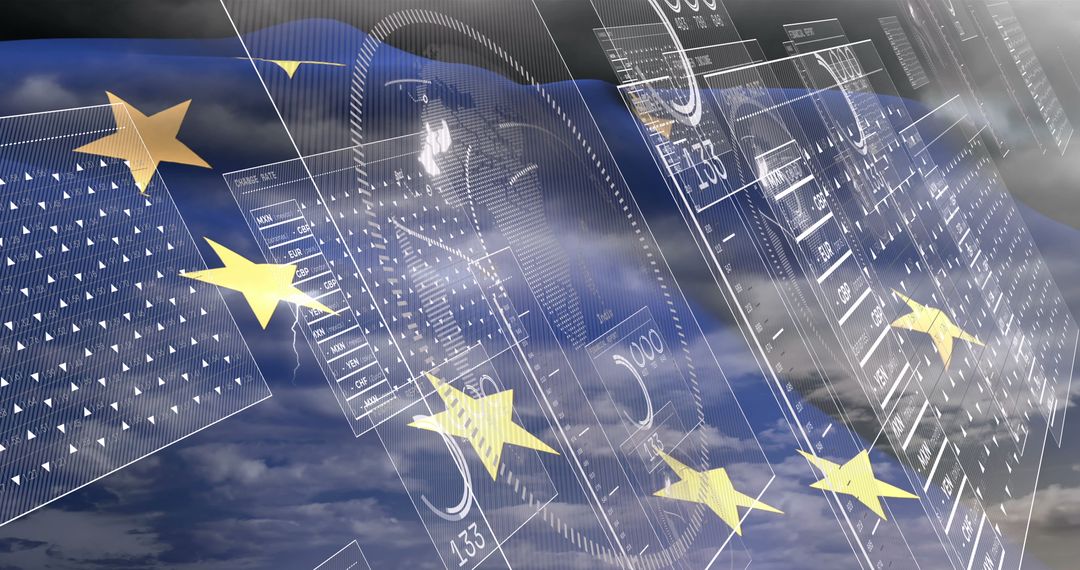 European Union Flag Overlayed with Financial Data Analytics