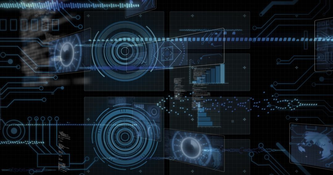 Futuristic Digital Interface with Data Analytics and Circuit Graphics