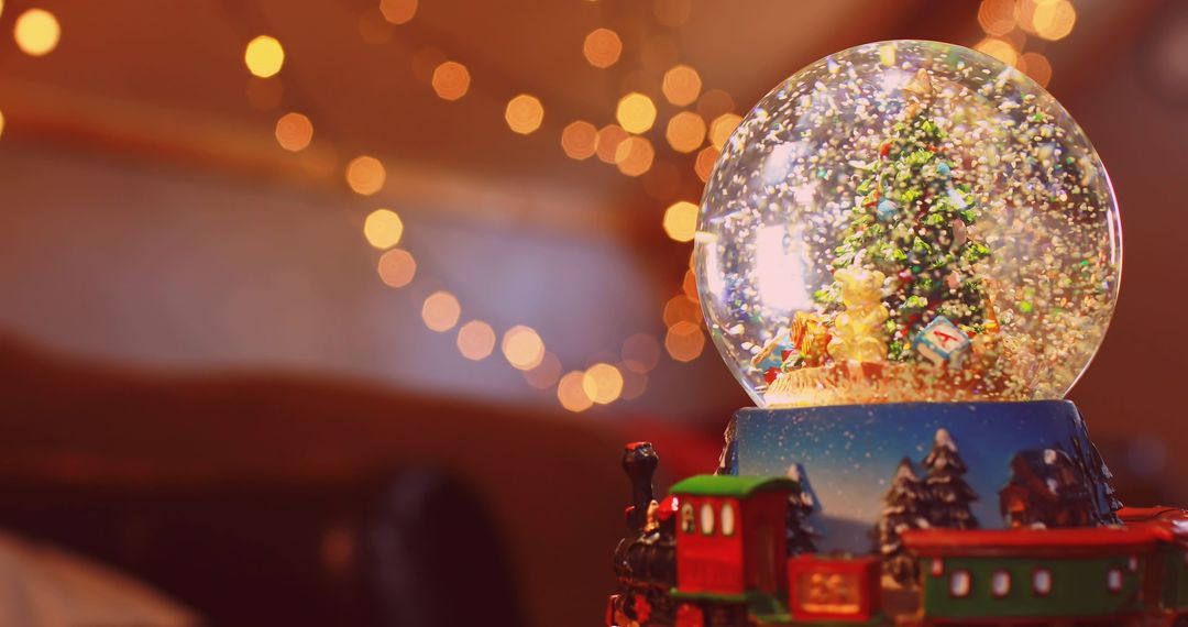Festive Snow Globe with Christmas Tree and Bokeh Lights