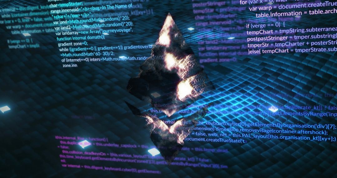 Glowing Ethereum Symbol Among Digital Code