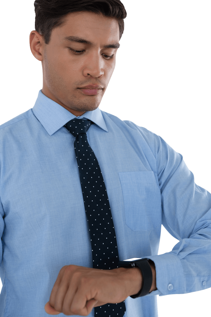 Transparent Man Looking at Smart Watch in Business Attire