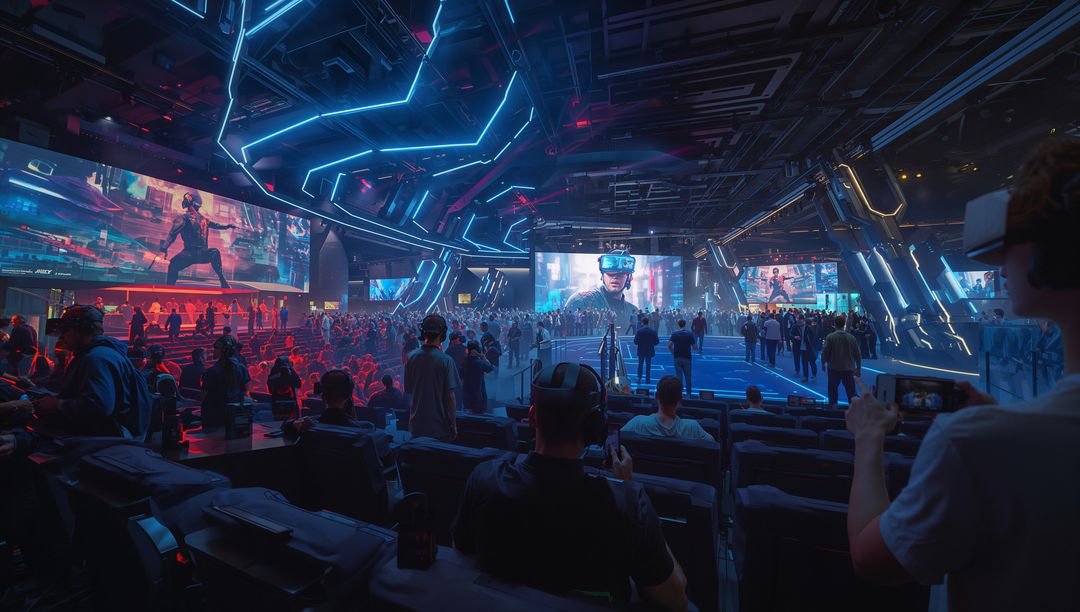 Futuristic Esports Arena with VR Enthusiasts and Neon Technology