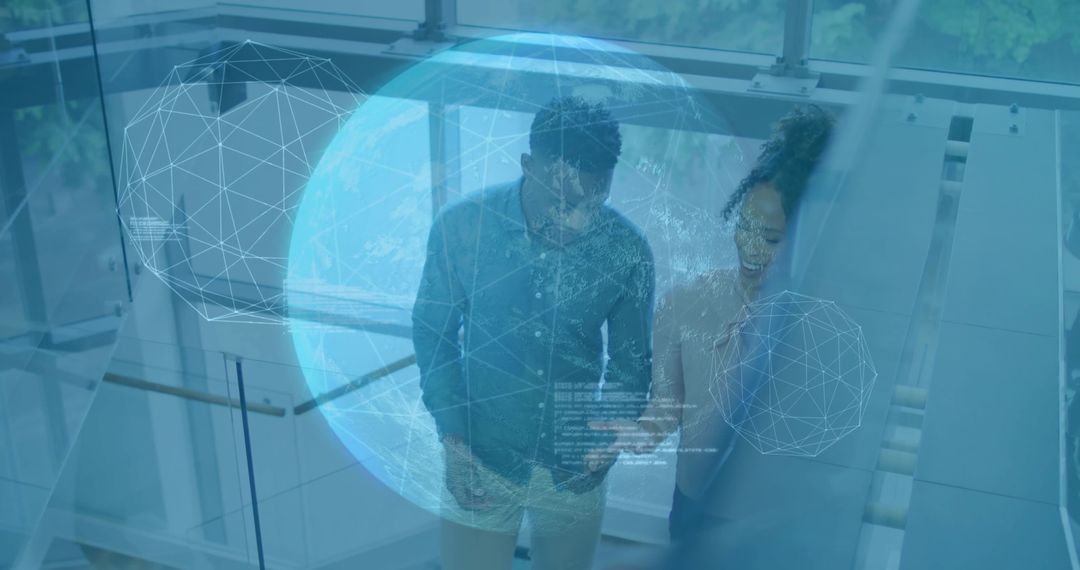 Professionals Discussing Technology in Modern Atrium with Holographic Globe